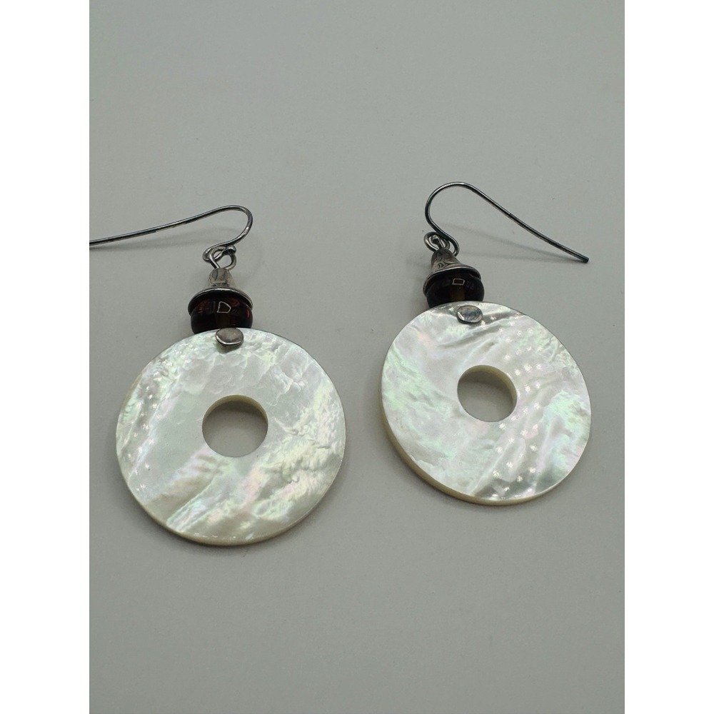 RLM Studio 925 Sterling Silver Mother of Pearl Amber Bead Dangle Earrings